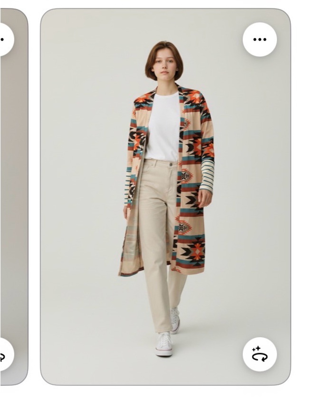Long Aztec Print Open-Front Cardigan Sweater - Beige & Orange